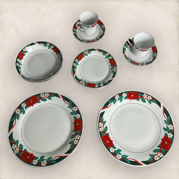 Tienshan Poinsettia Holly Fine China Deck the Halls Tea Cup Saucer Bowl Plates